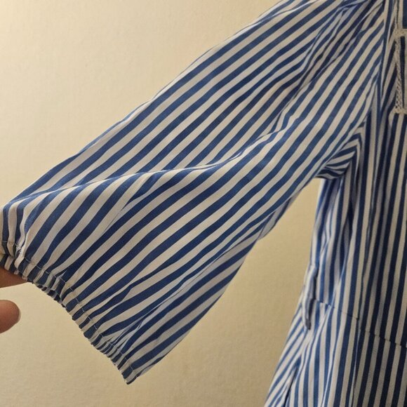 Boho Cottagecore NWT blue stripe midi Peasant Coastal dress embroider pocket XL - Picture 4 of 13